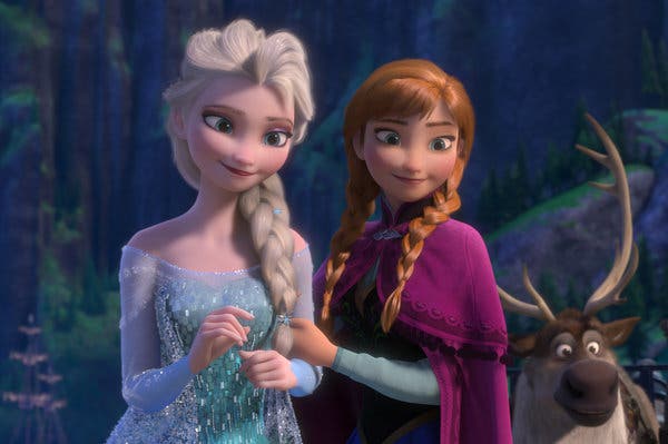 Braids over brides: Teenaged Elsa and Anna, with trusty reindeer Sven.