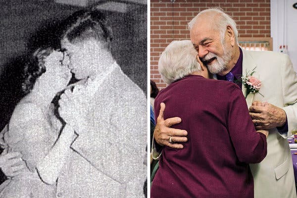 Their first slow dance, in 1956 at their junior prom — and the couple now.