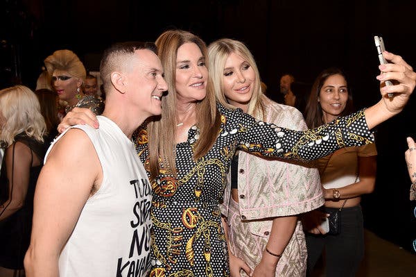 Sophia Hutchins, right, with Jeremy Scott and Caitlyn Jenner backstage at a New York fashion show in 2018.