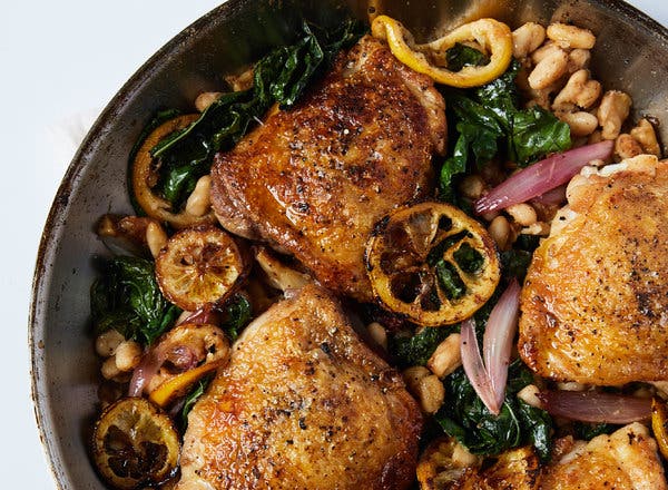 Alison Roman’s skillet chicken with white beans and caramelized lemon.