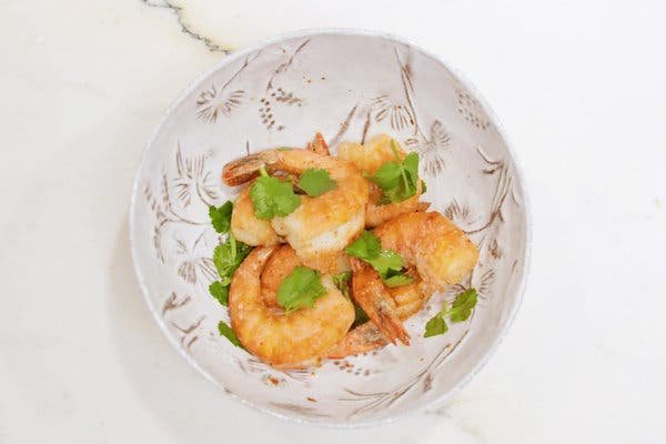 The designer Phillip Lim’s crispy shrimp dish, laced with lime and topped with cilantro.