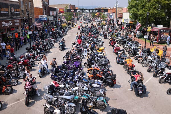 Motorcycle enthusiasts at Sturgis, S.D., Motorcycle Rally on August 8, 2021.