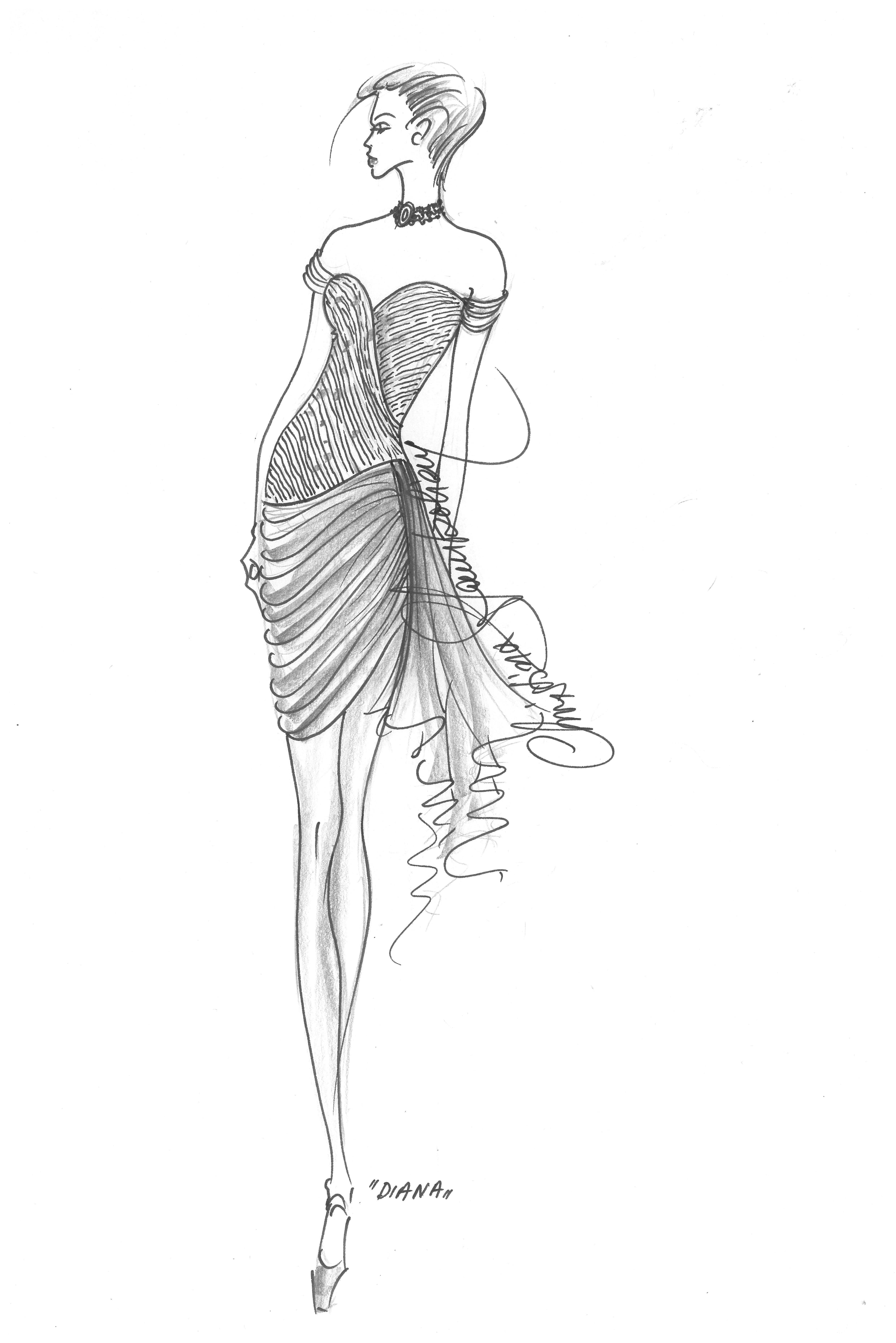 sketch of princess diana in the christina sambolian revenge dress