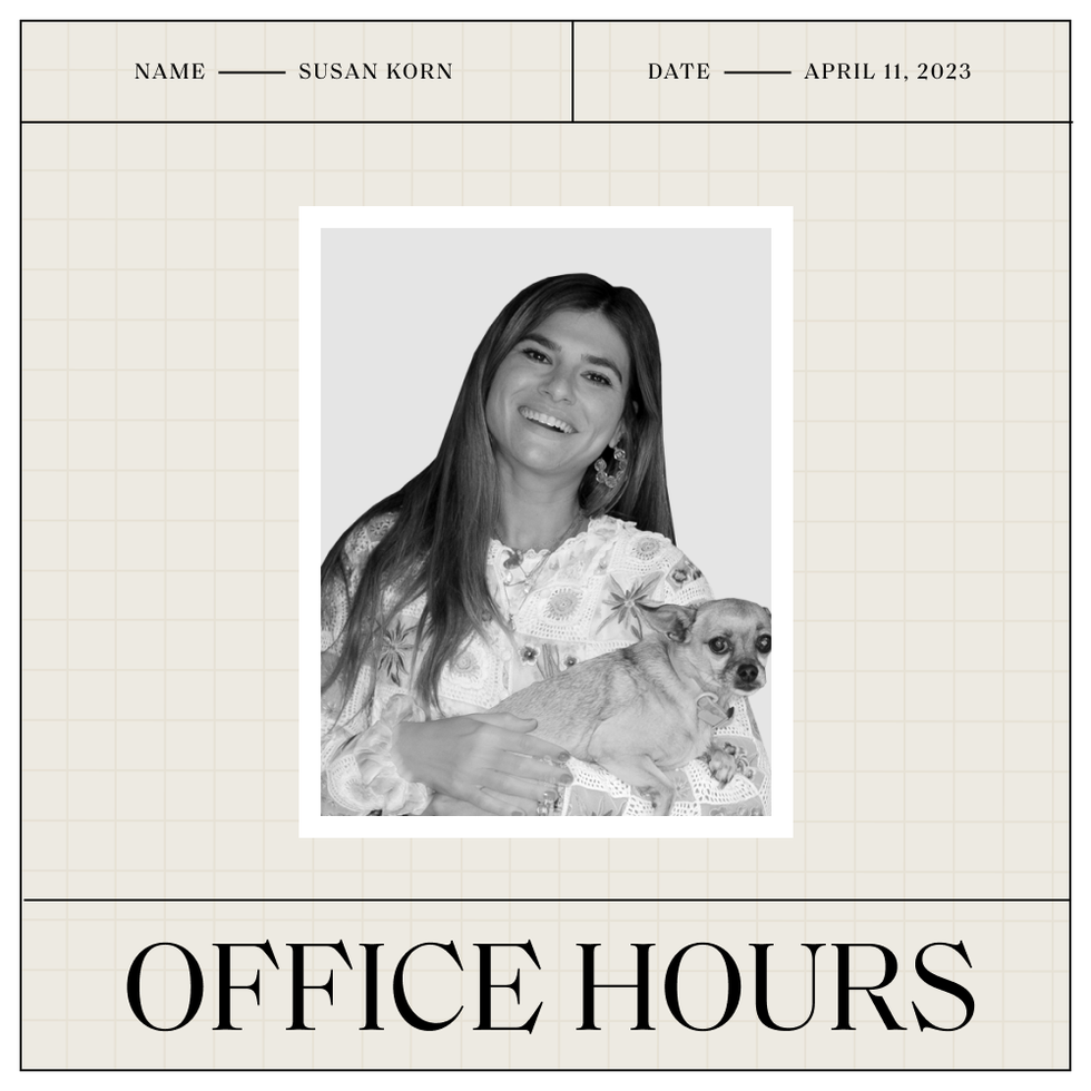 susan korn with her name and the date above her photo and the office hours logo beneath it