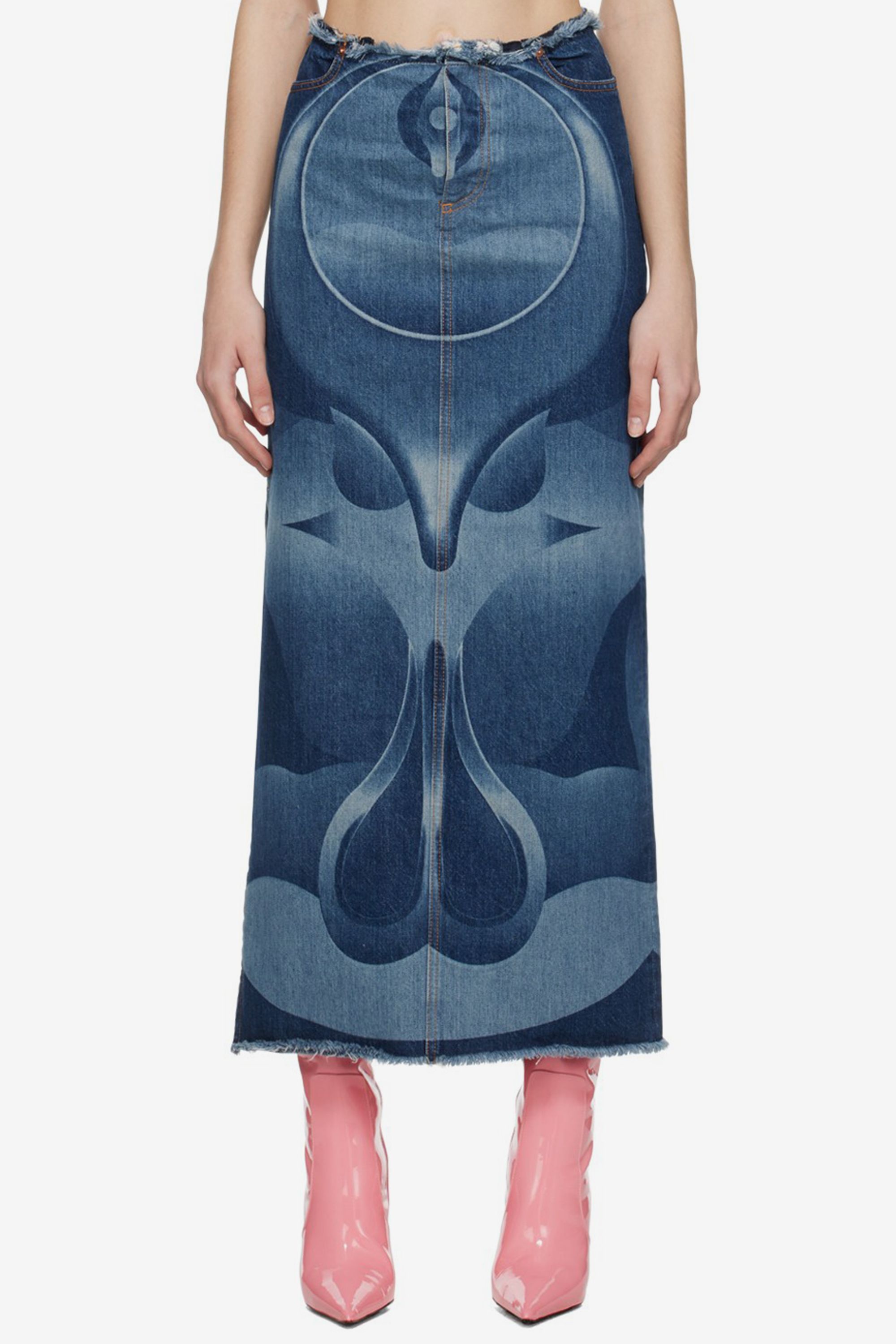 Indigo Printed Denim Midi Skirt