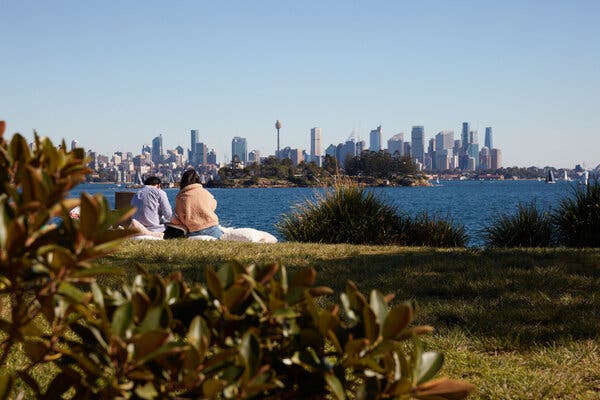Two people sit on grass overlooking the sea. Ahead of them is a small island with trees, and behind that is a city skyline. 
