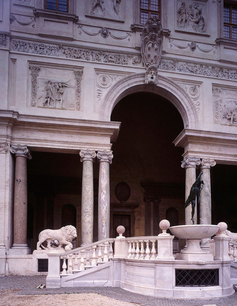 lion loggia facing gardens\, villa medici\, 1576\, architect bartolomeo ammannati\, 1511 92 italian\, rome\, italy\, with copy of bronze mercury by giambologna