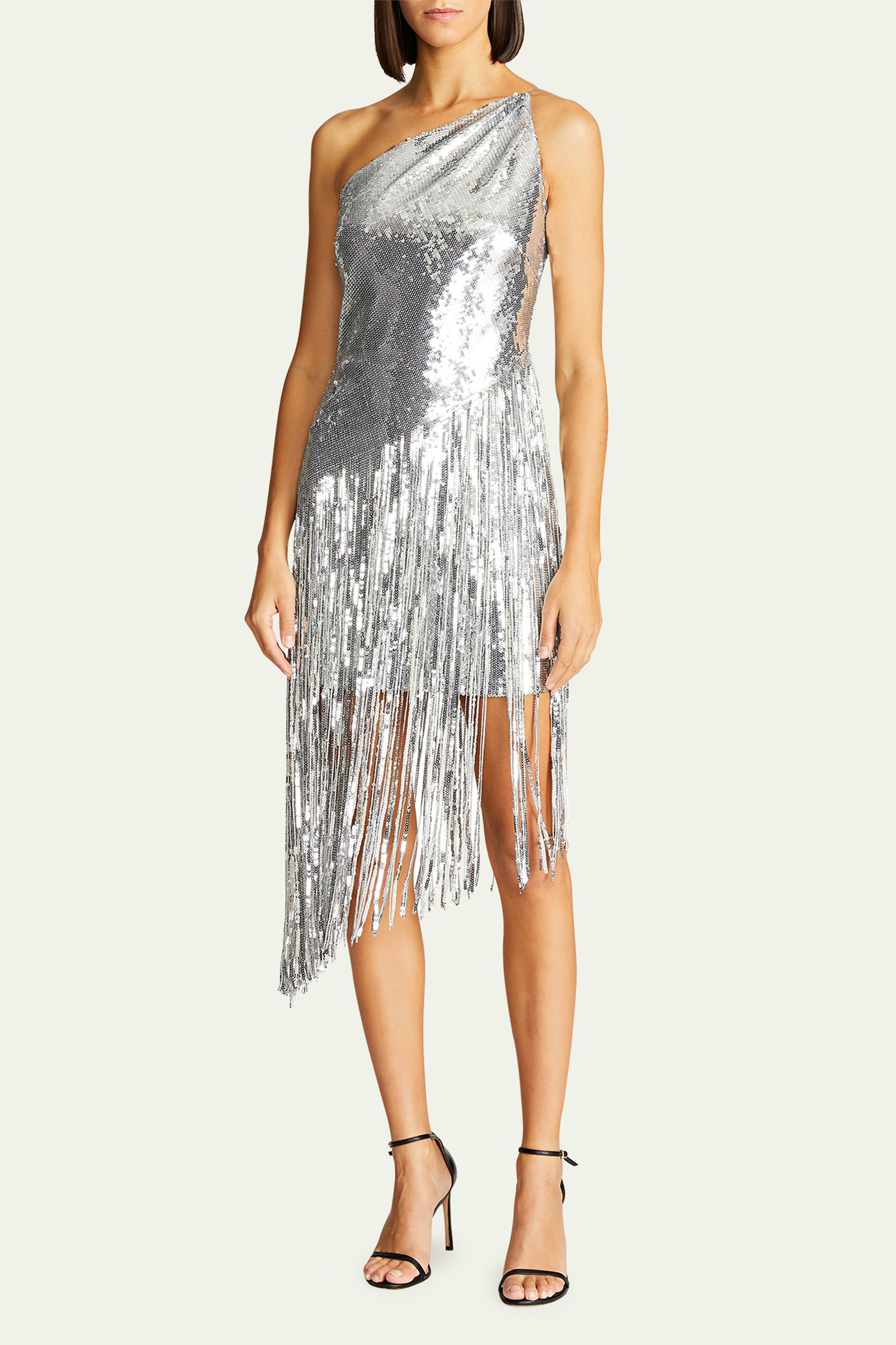 Tonya One-Shoulder Sequin Fringe Midi Dress