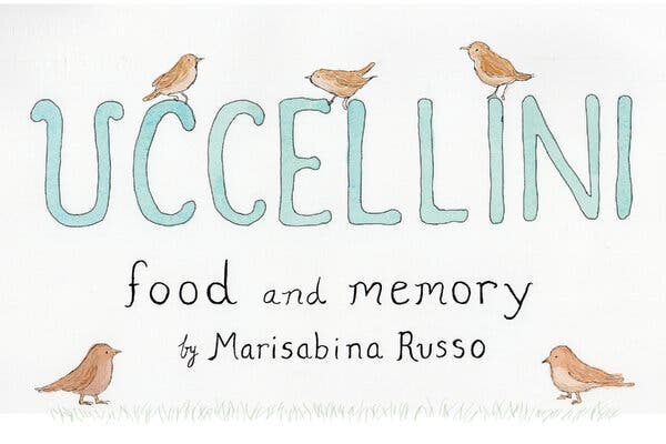 A title card that says Uccellini Food and Memory by Marisabina Russo has five little birds surrounding it.