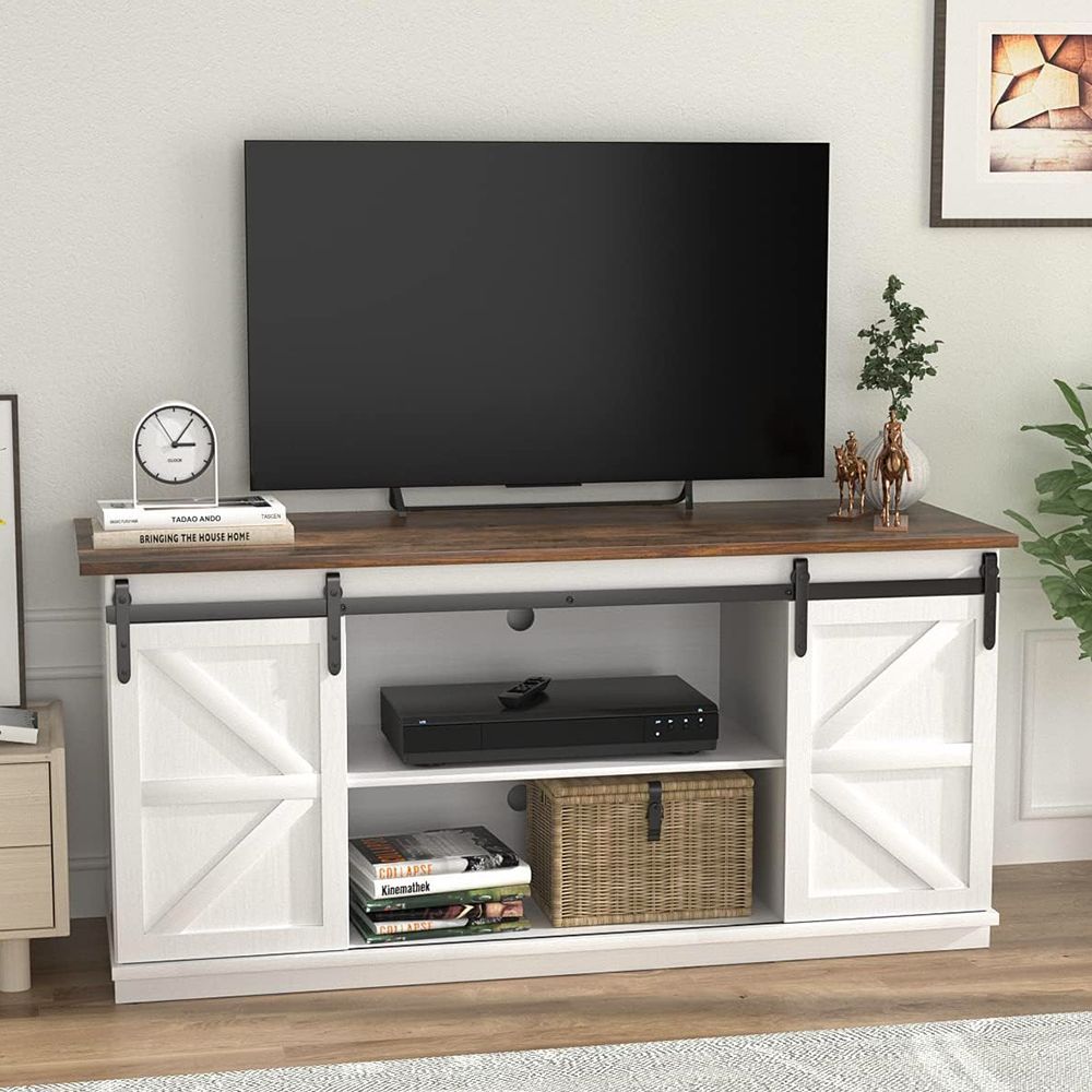 Entertainment Center with Storage Cabinets and Sliding Barn Doors