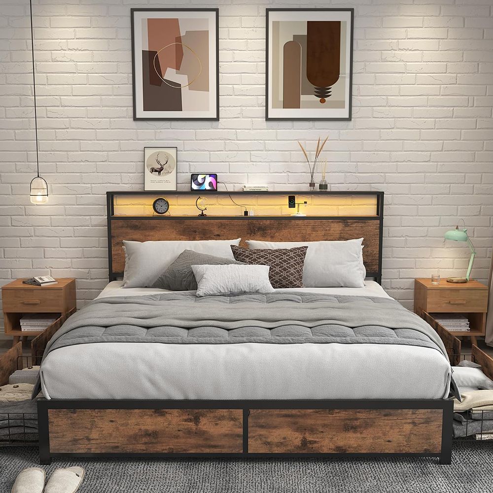 Bed Frame with 2-Tier Storage Headboard