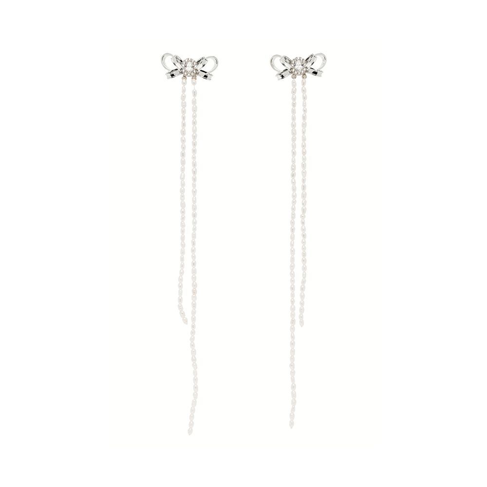 Silver Bow Long Tassel Earrings