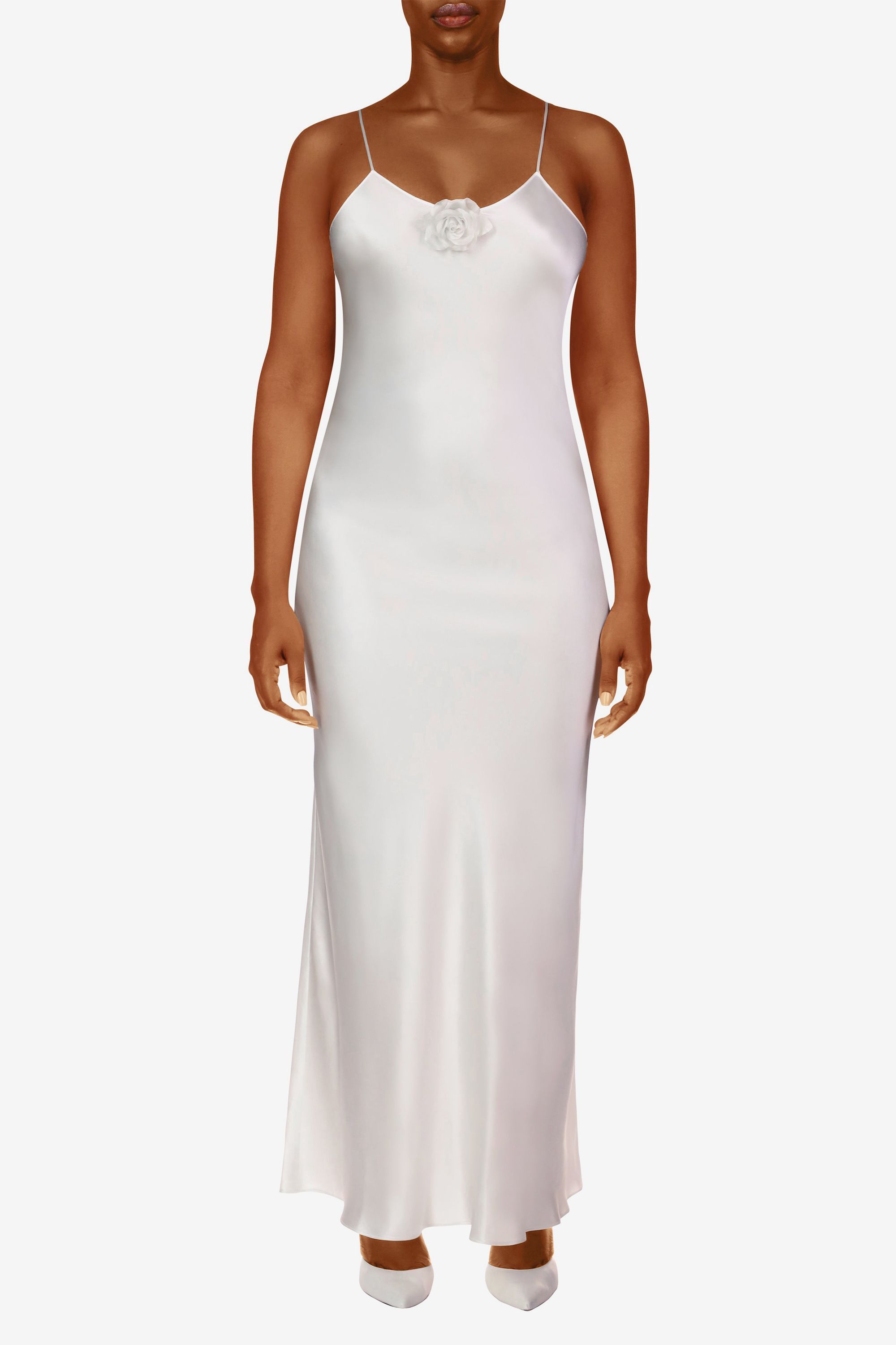Off-White Silk Satin Mid Length Slip Dress with Silk Flower