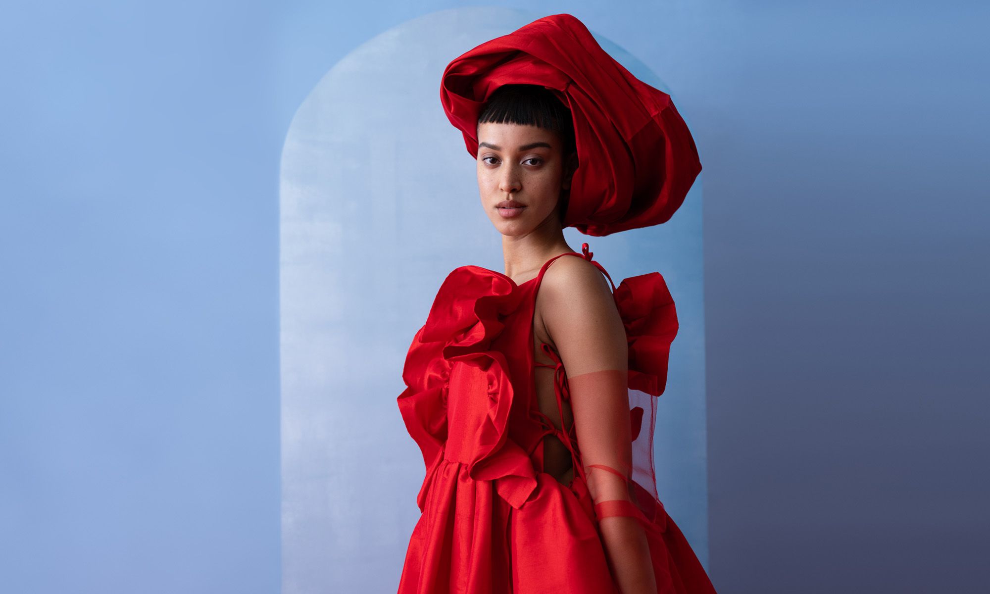 a woman in a red dress