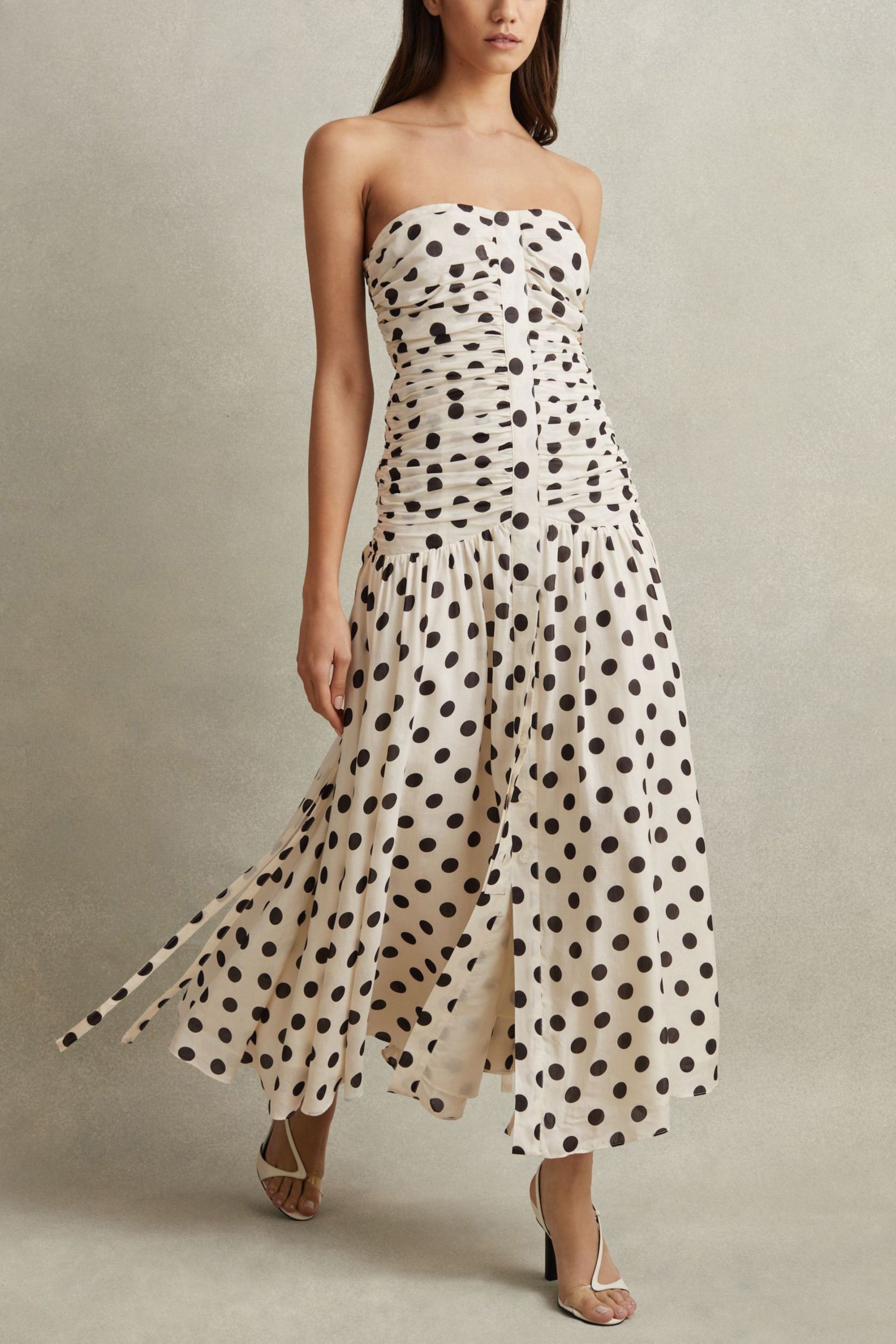 Viscose Linen Polka Dot Ruched Maxi Dress 