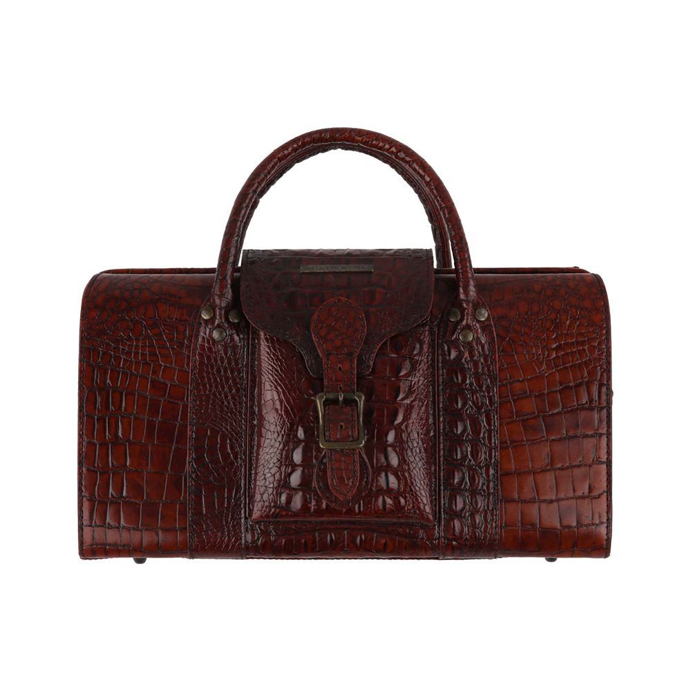 c.2003 Brown Leather Crocodile Embossed Buckle Box Handbag