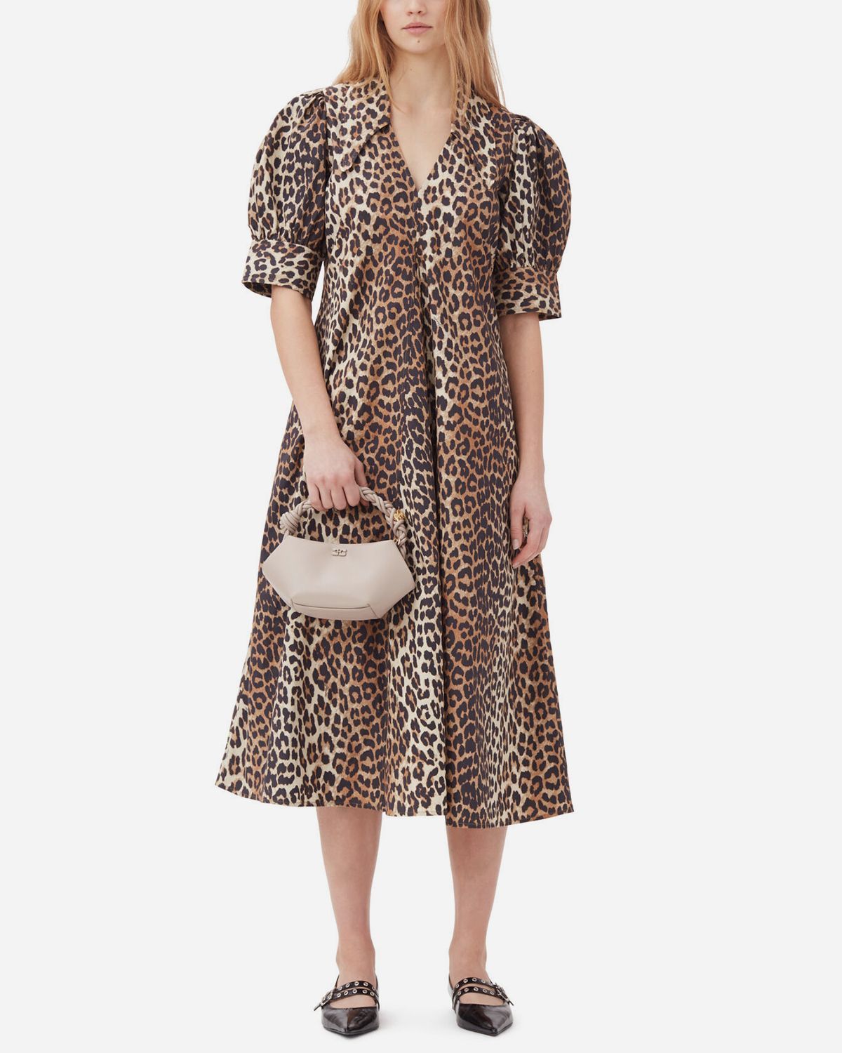 Leopard Cotton Poplin V-Neck Maxi Dress