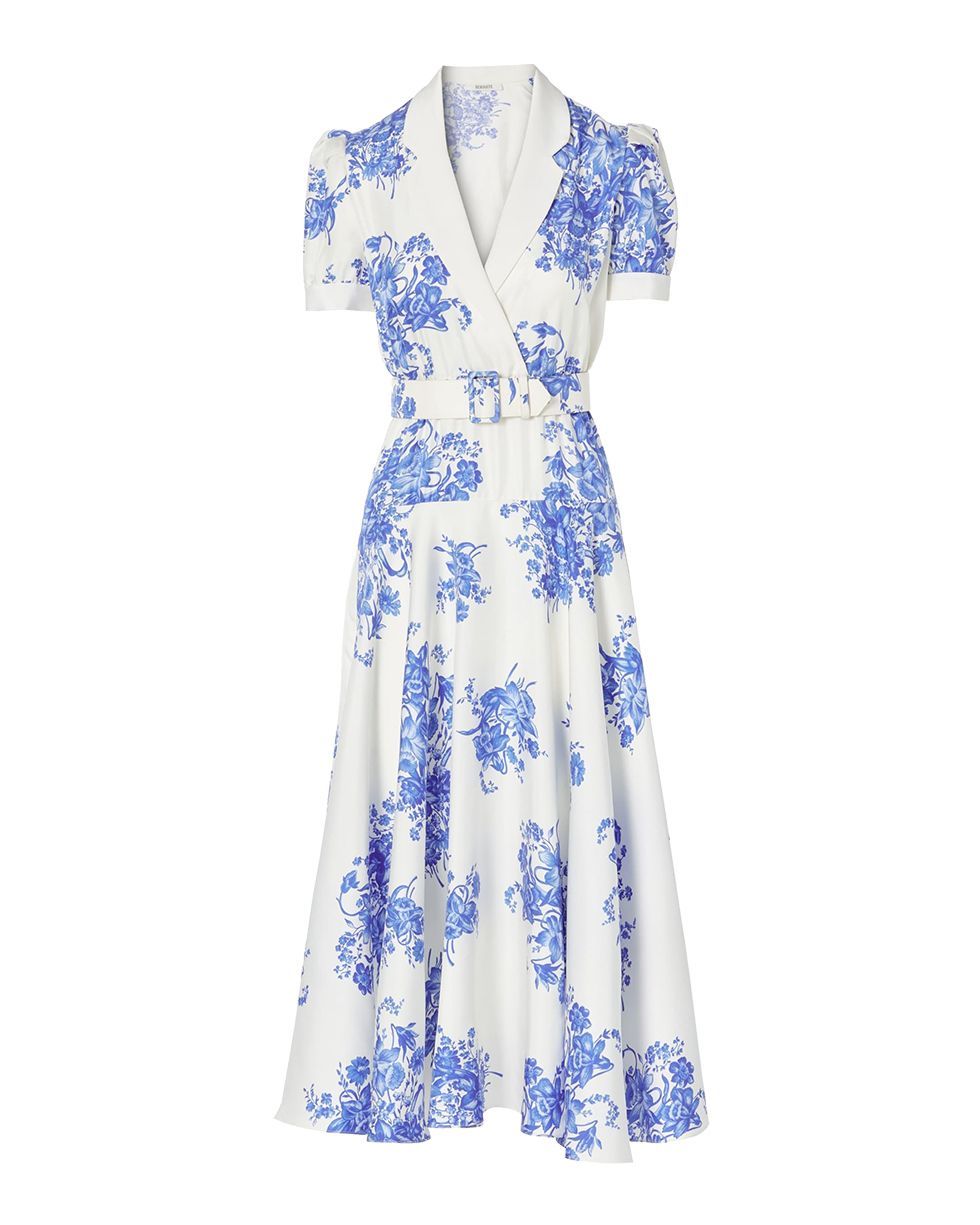 Floral Printed Silk Twill Collared Dress With Belt