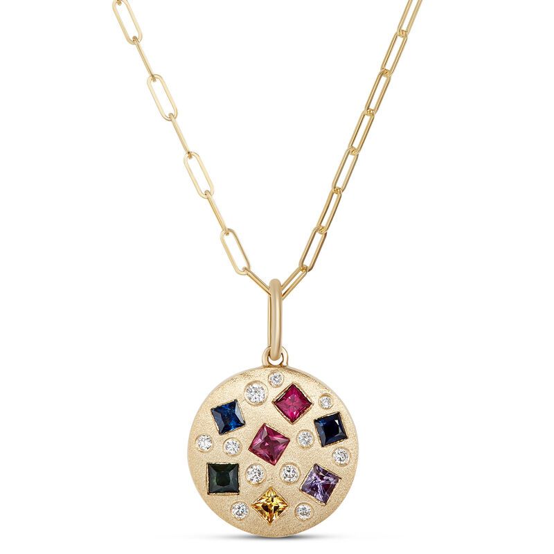 Confetti Rainbow Sapphire and Diamond Pendant in 14K Yellow Gold