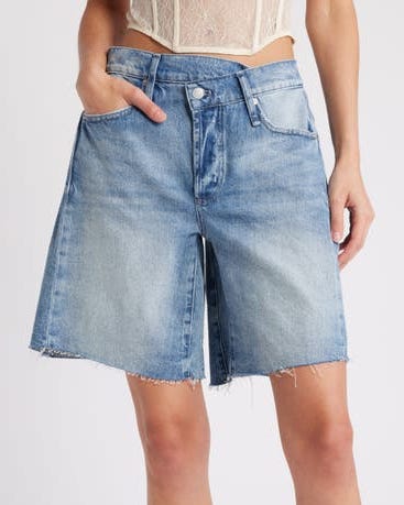 Boomerang Overlap High Waist Denim Cutoff Shorts