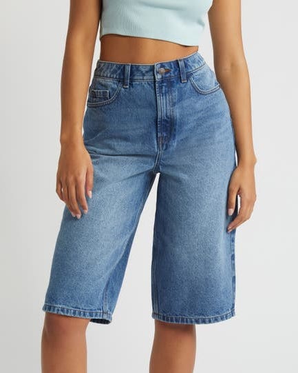 Lila High Waist Loose Knee Length Denim Shorts