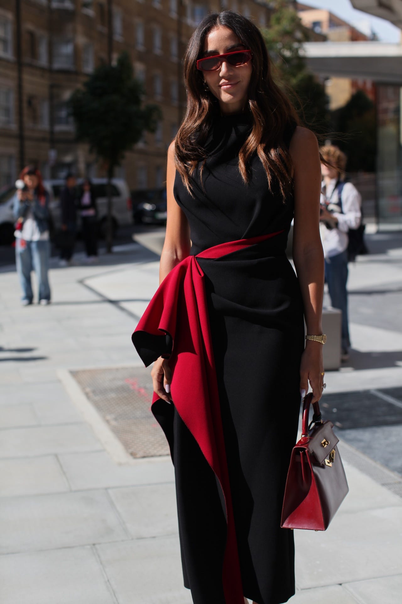 london, england september 15 tamara kalinic is seen wearing a black dress with burgurdy trim at roksanda during london fashion week on september 15, 2024 in london, england photo by paul gonzalesgetty images