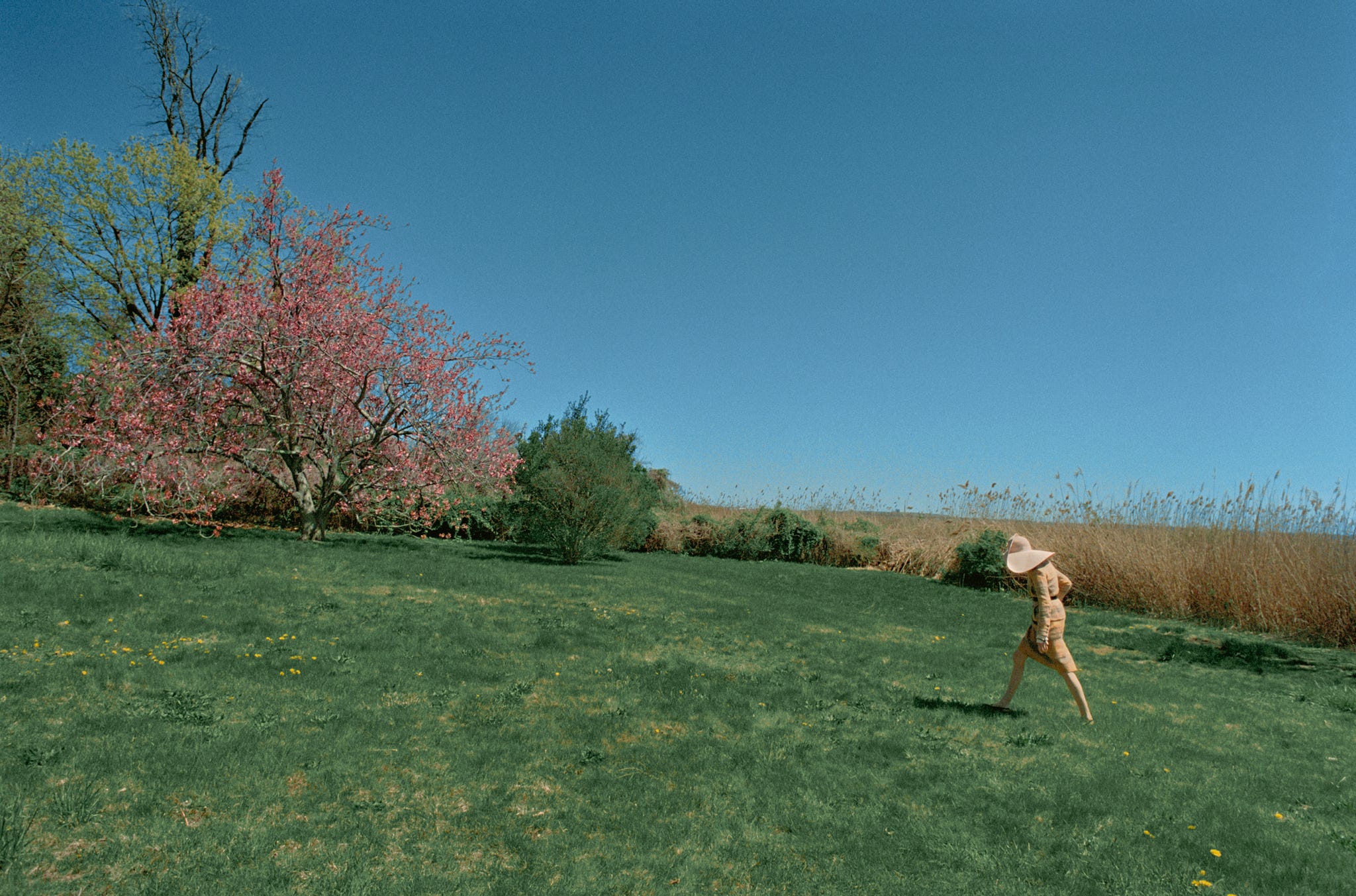 a woman wearing an oversized hat walking through a field