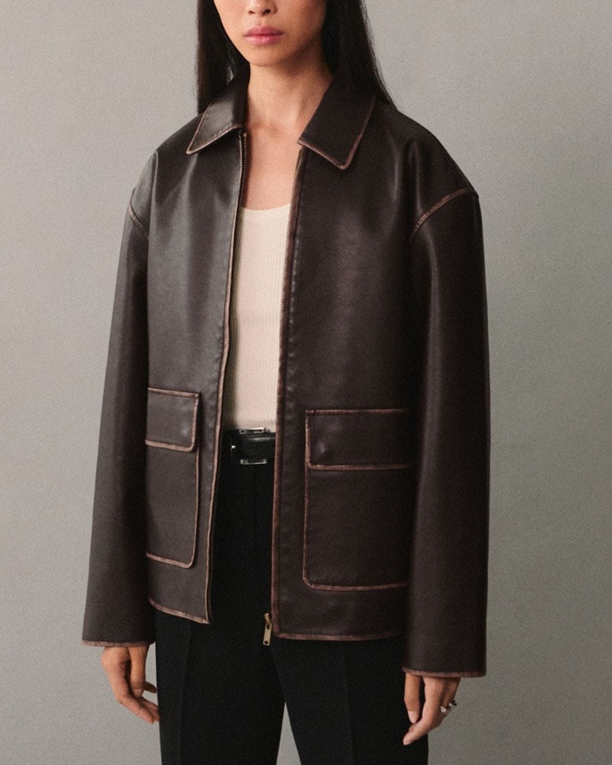 Leather-Effect Jacket with Contrast Stitching