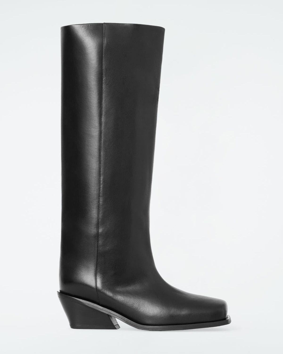 Square-Toe Leather Knee-High Boots