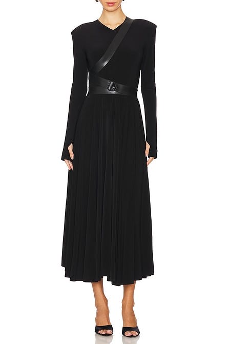 Long-Sleeve Shoulder Pad V-Neck Flared Dress