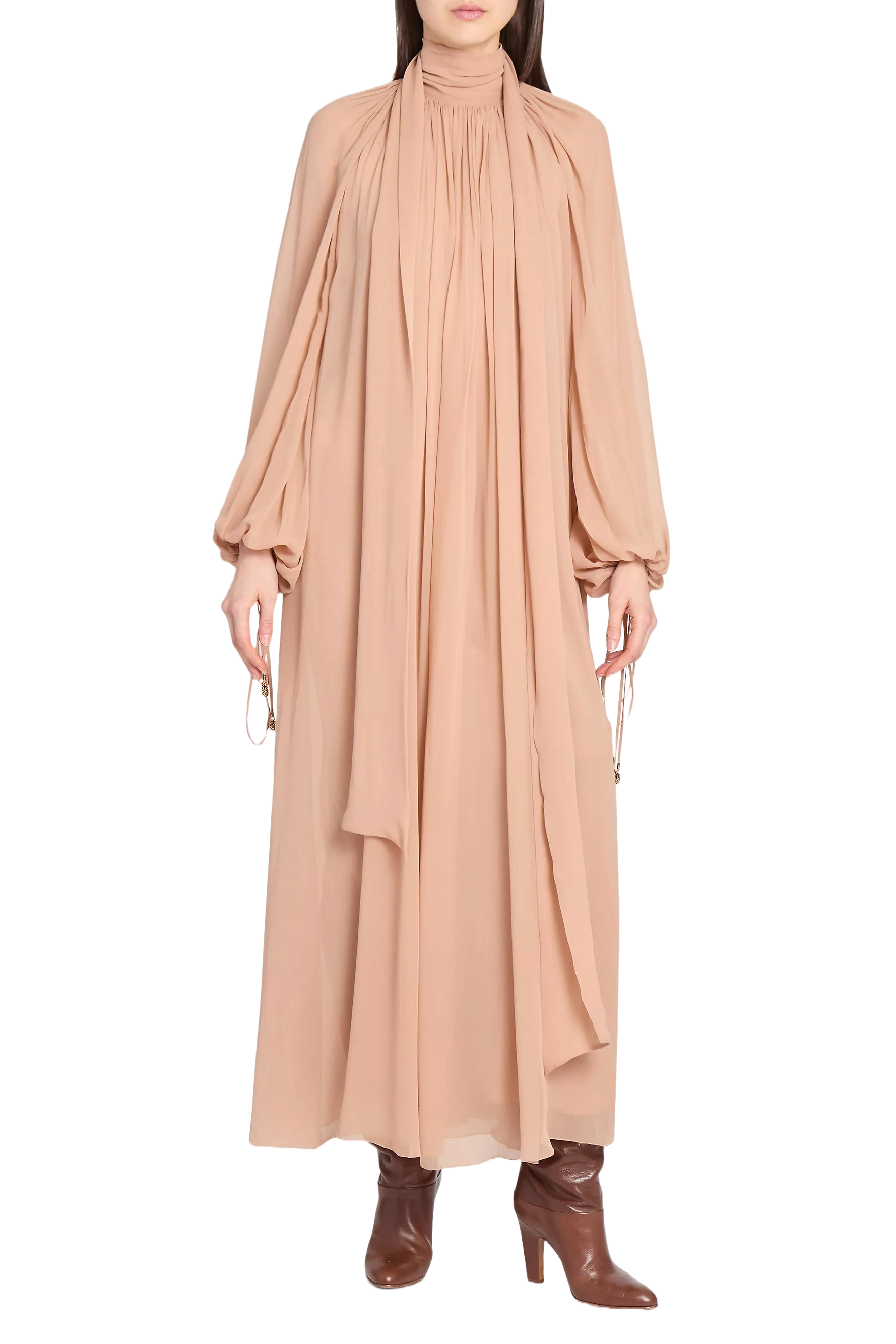 Draped Silk Blouson-Sleeve Maxi Dress