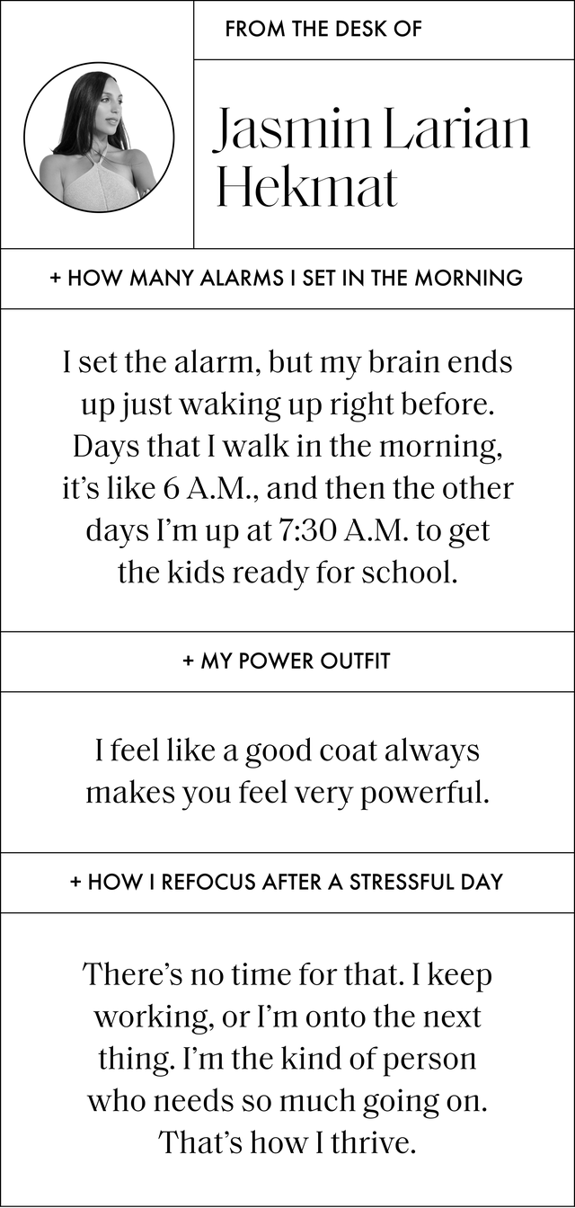 a q and a that reads how many alarms i set in the morning﻿ i set the alarm, but my brain ends up just waking up right beforedays that i walk in the morning, it’s like 6 am, and then the other days i’m up at 7 30 am to get the kids ready for school my go to workday snack﻿ i love barbecue chips dipped in yogurt when i’m pregnant, that’s what i crave the most my power outfit i feel like a good coat always makes you feel very powerful how i refocus after a stressful day there’s no time for that ﻿i keep working, or i’m onto the next thing i’m the kind of person who needs so much going on that’s how i thrive