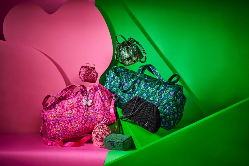 pink and green bags against color matched background