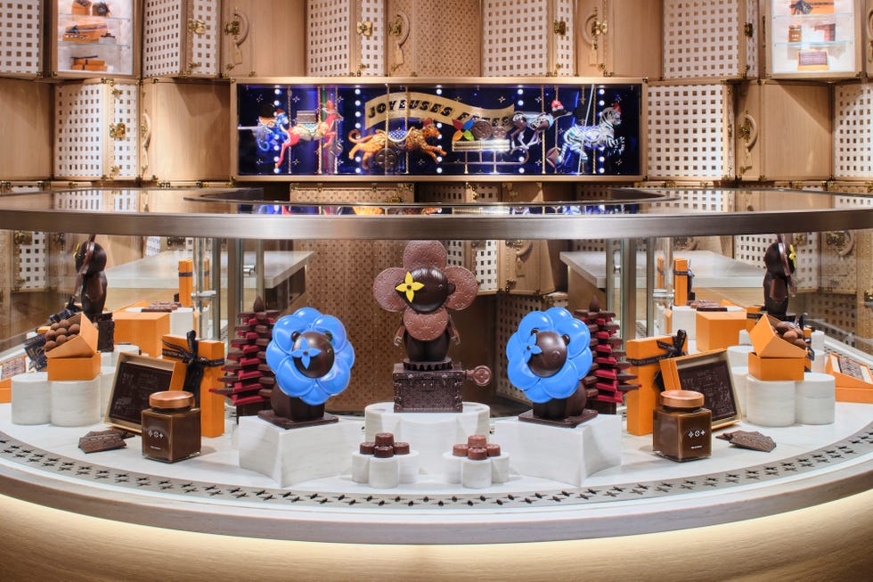 display of artistic chocolate creations in a store