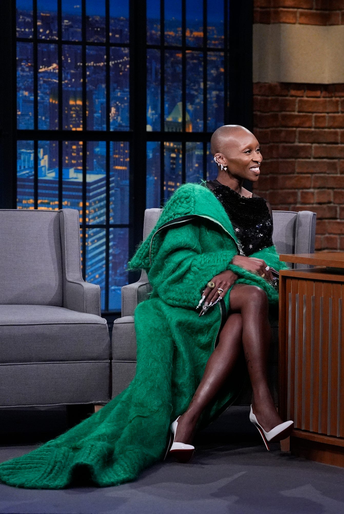 actress cynthia erivo during an interview with host seth meyers on november 14, 2024