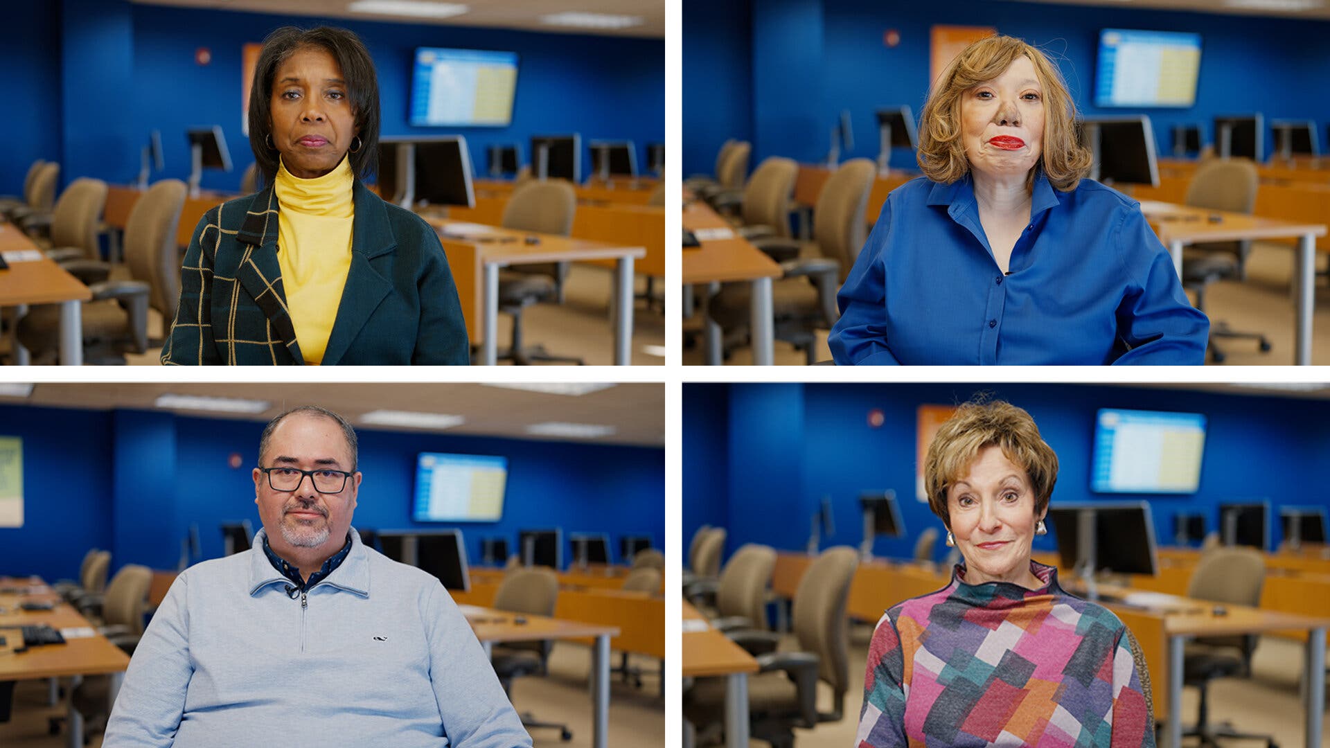 A grid of four headshots of people. 