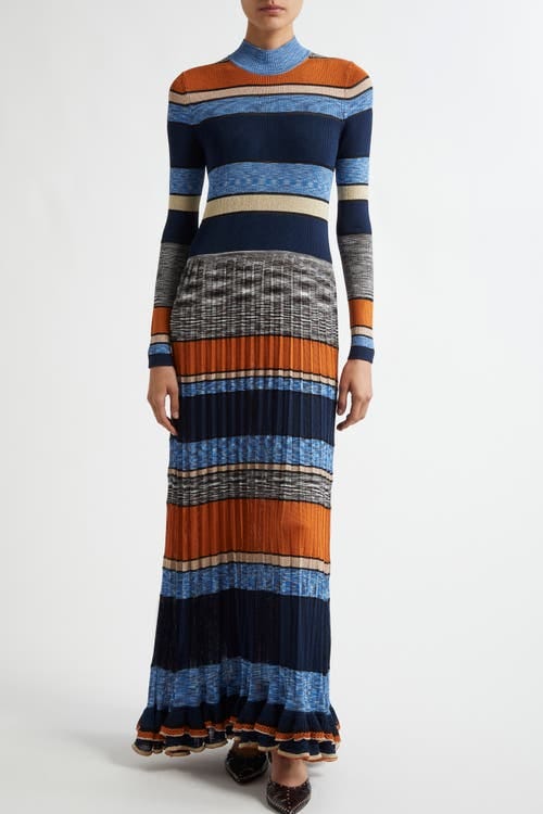  Evangeline Stripe Rib & Pleat Mock Neck Maxi Dress