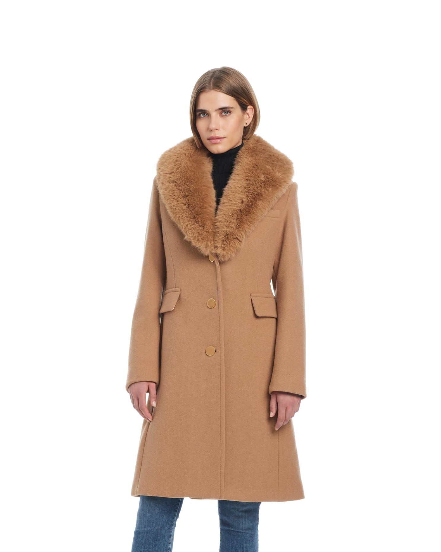 Wool Blend Coat with Removable Faux Fur Collar