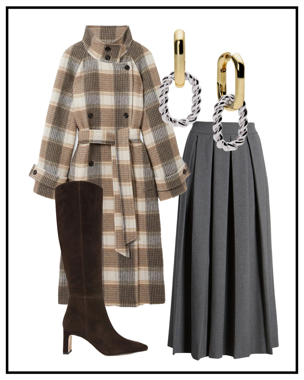 outfit featuring a plaid coat gray skirt brown highheeled boots and goldandsilver earrings