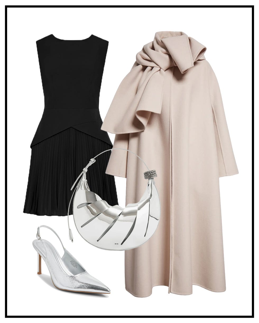 a fashion ensemble featuring a black dress a beige coat silver shoes and a modern silver handbag