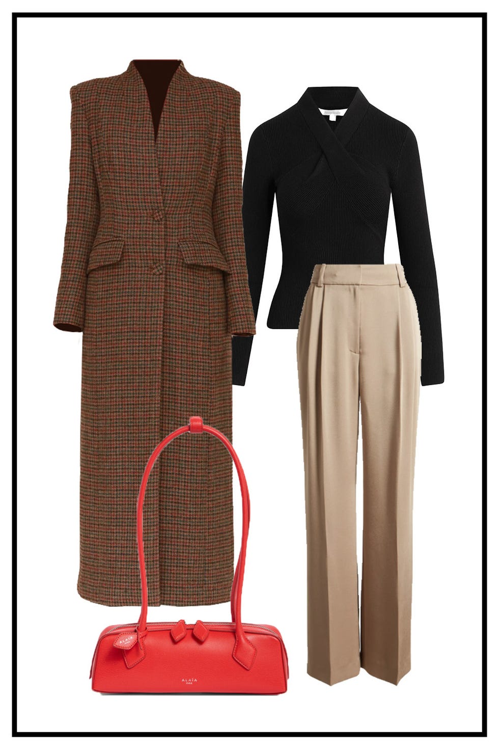 fashion ensemble featuring a checked coat black top beige trousers and a red handbag